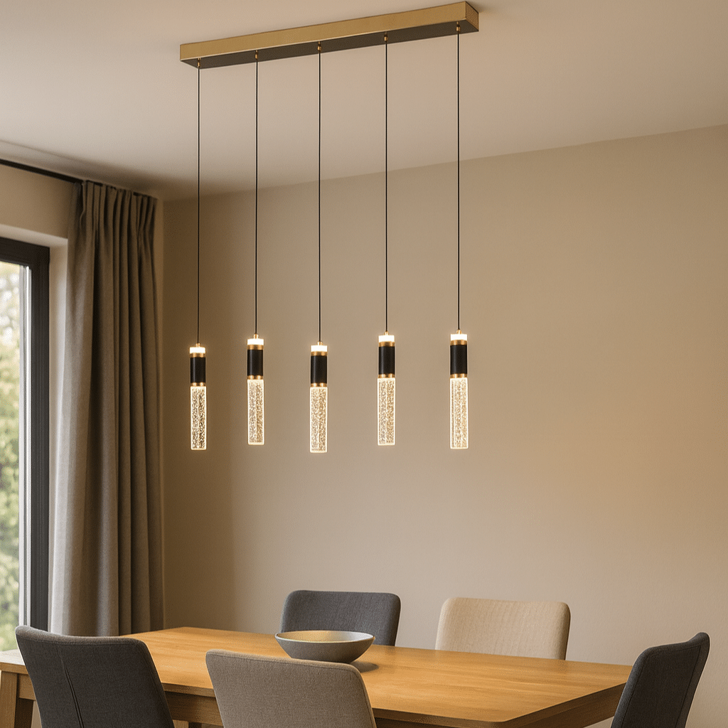 Wega eettafellamp | 5 lichtpunten | Goud | LED | Dimbaar | Incl. afstandsbediening